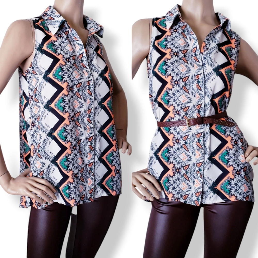 Lov Posh Abstract Multi Colored Sleeveless Collared Button Up Blouse